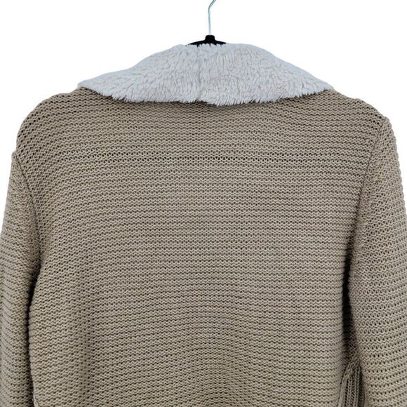 Boho Cardigan M Tan Sherpa Faux Suede Open Waterfall Large Collar Country Vegan - Picture 7 of 9